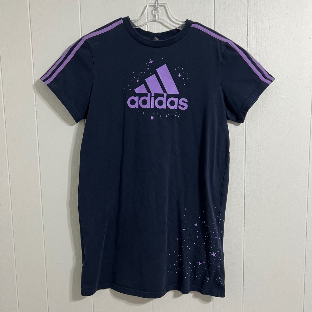 Adidas Women Short Sleeve T Shirt Dress Size M Navy Purple Star Logo Sporty Chic
